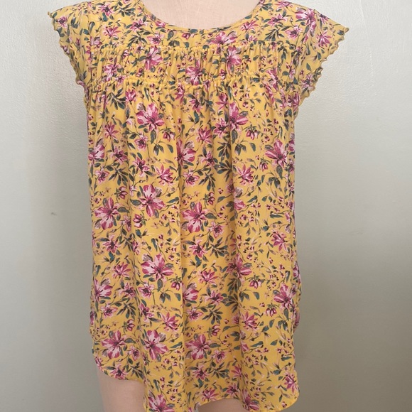 Yellow, teal & purple loose Zac & Rachel top with ruffled sleeves. - Picture 1 of 3